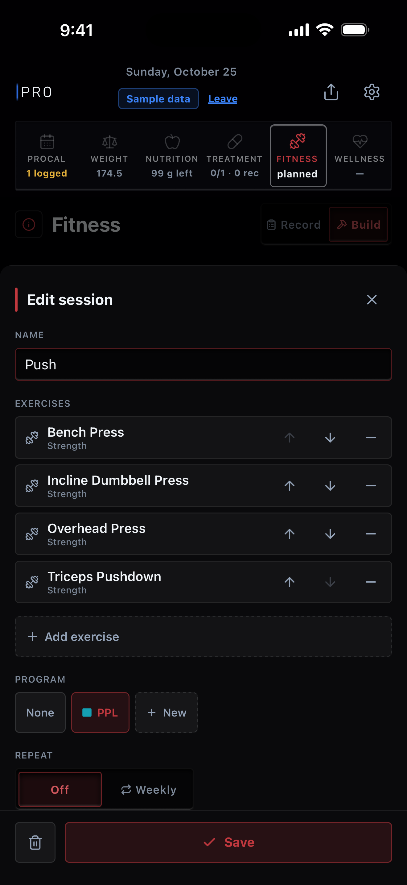 Edit session for Push: its four exercises in order, Add exercise under them, and its program, PPL, chosen beside None and New. Sample data.