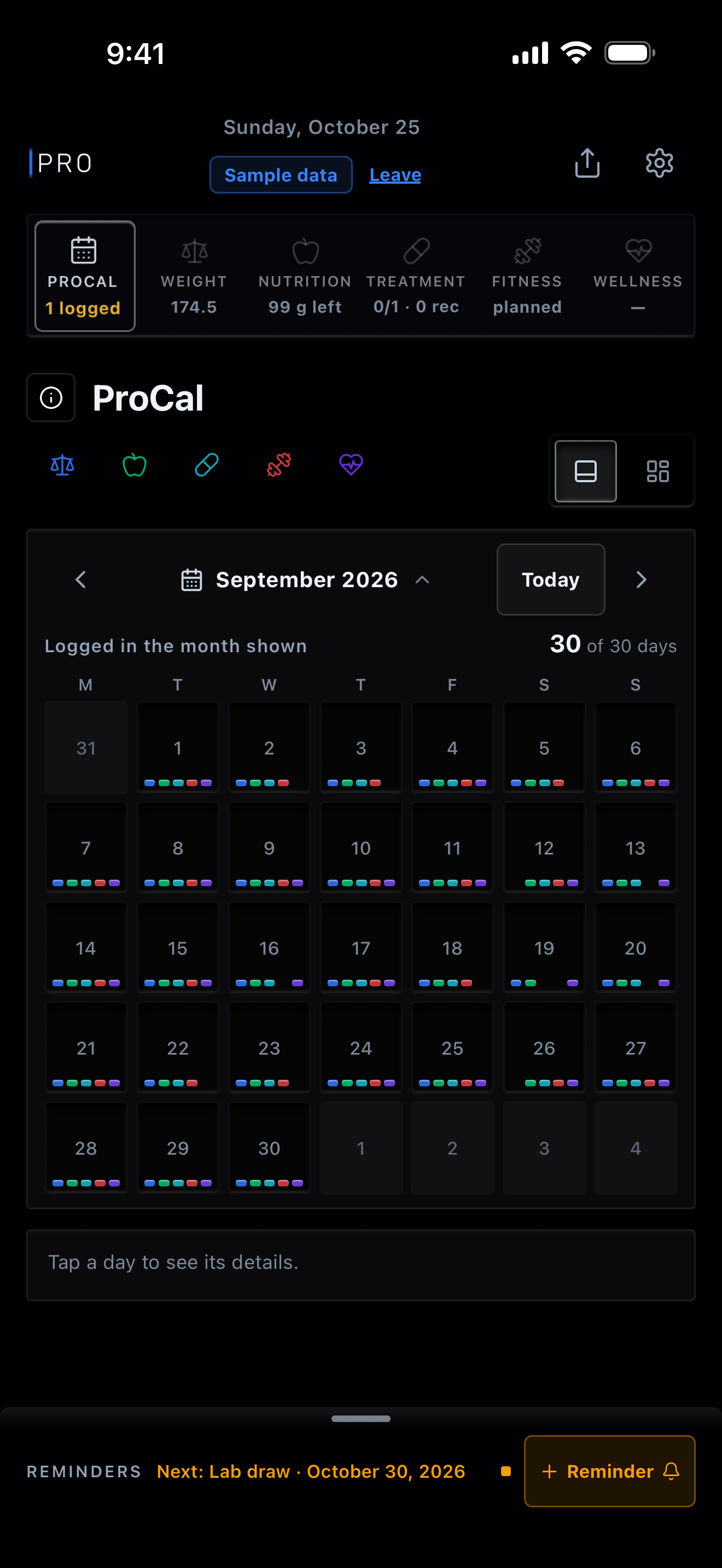 The same month in Simple: 30 of 30 days logged, each day with a tick for each module logged that day. Sample data.