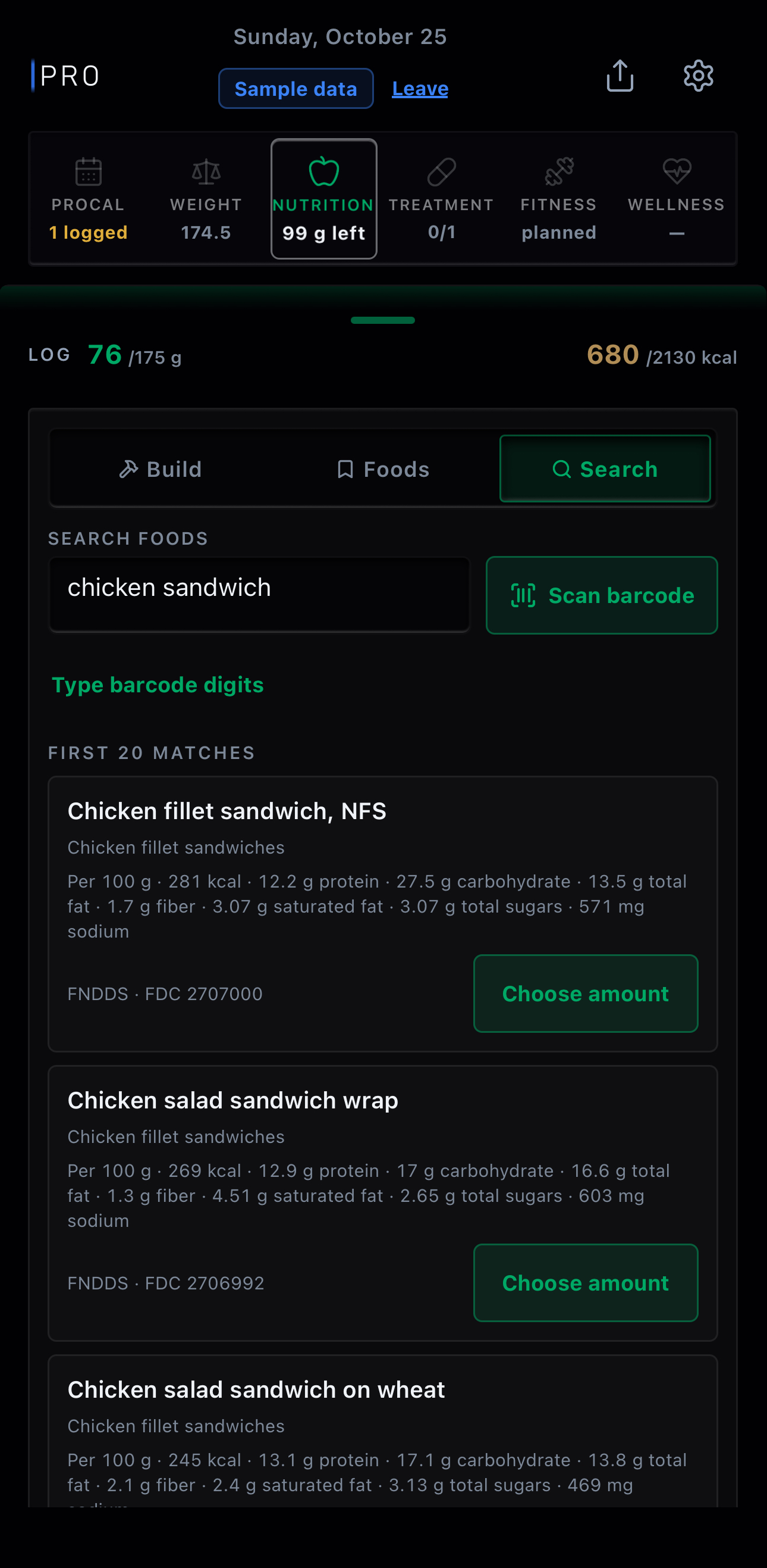 The food drawer's Search face on an iPhone, with chicken sandwich typed: the search box with Scan barcode beside it and Type barcode digits under them, then the first 20 matches, Chicken fillet sandwich, NFS, Chicken salad sandwich wrap and Chicken salad sandwich on wheat, each with its values per 100 g. Sample data.