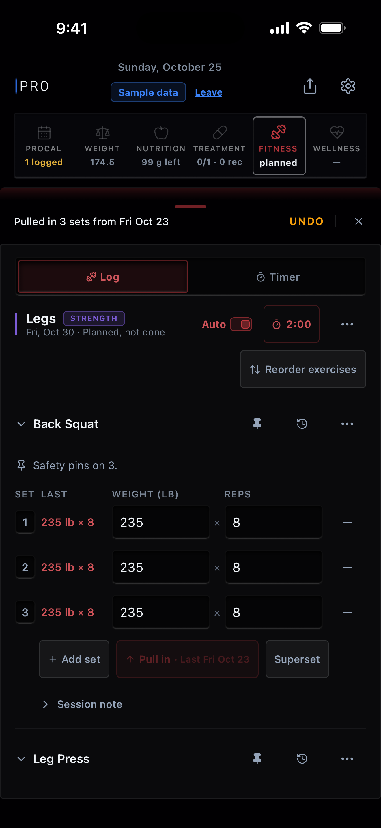 The lift log for a back squat in the Legs session planned for Friday, October 30, just after Pull in: its three sets each read 235 × 8, beside last time's 235 lb × 8, under a message that 3 sets were pulled in from Friday, October 23, with Undo. Sample data.