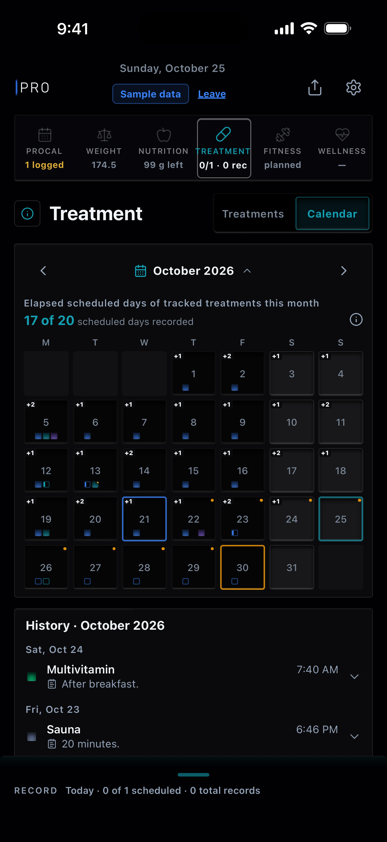 Treatment's calendar of all treatments for October: amber dots on October 22 to 29 lead up to a lab draw ringed in amber on Friday, October 30, and a blue ring on October 21 marks a completed lab draw; a gold corner on October 13 marks a record on a day off its schedule, and outlines on October 12 and 23 mark scheduled days with no record. Sample data.