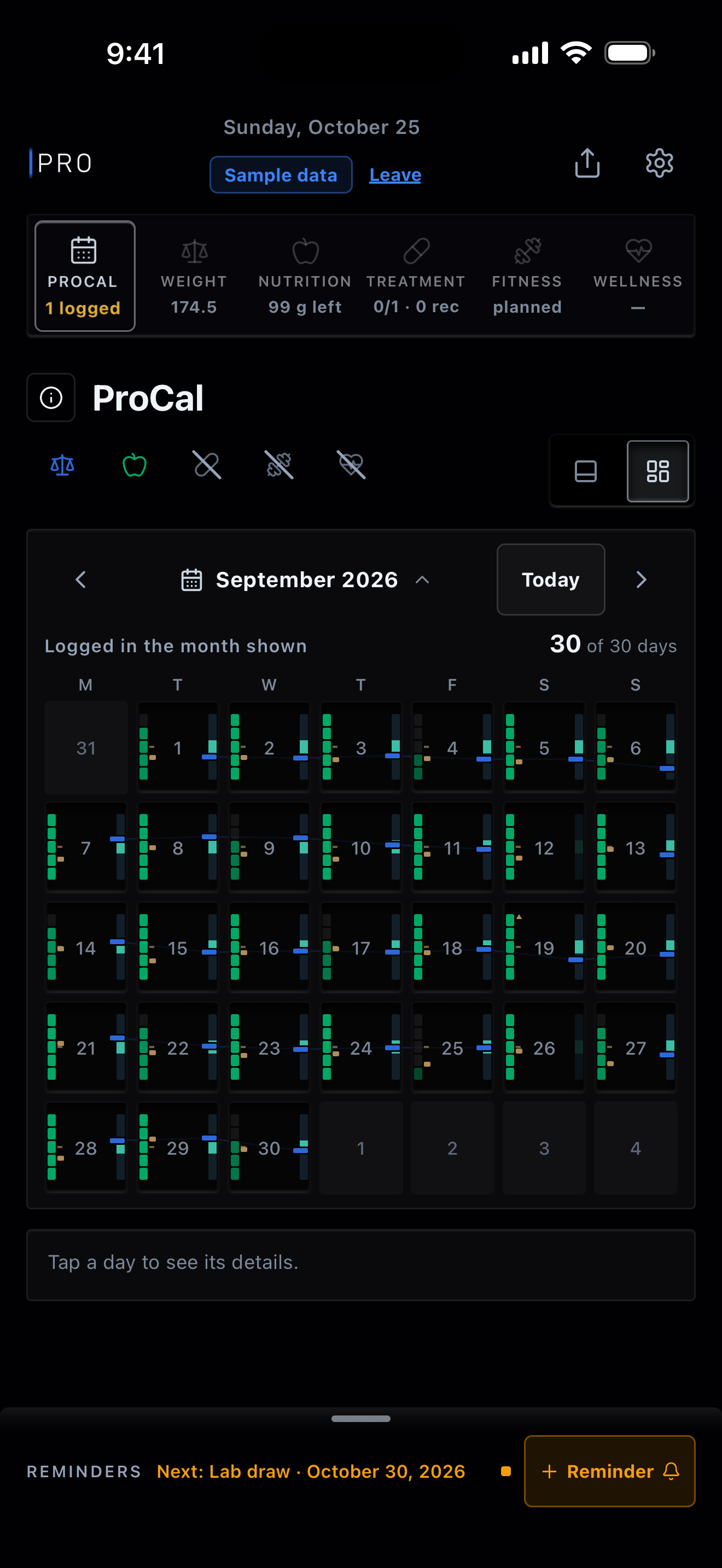 ProCal in September, in Detailed, with Treatment, Fitness and Wellness switched off and crossed out among the module icons: each day cell shows only its weight bar and its protein and calorie marks. Sample data.