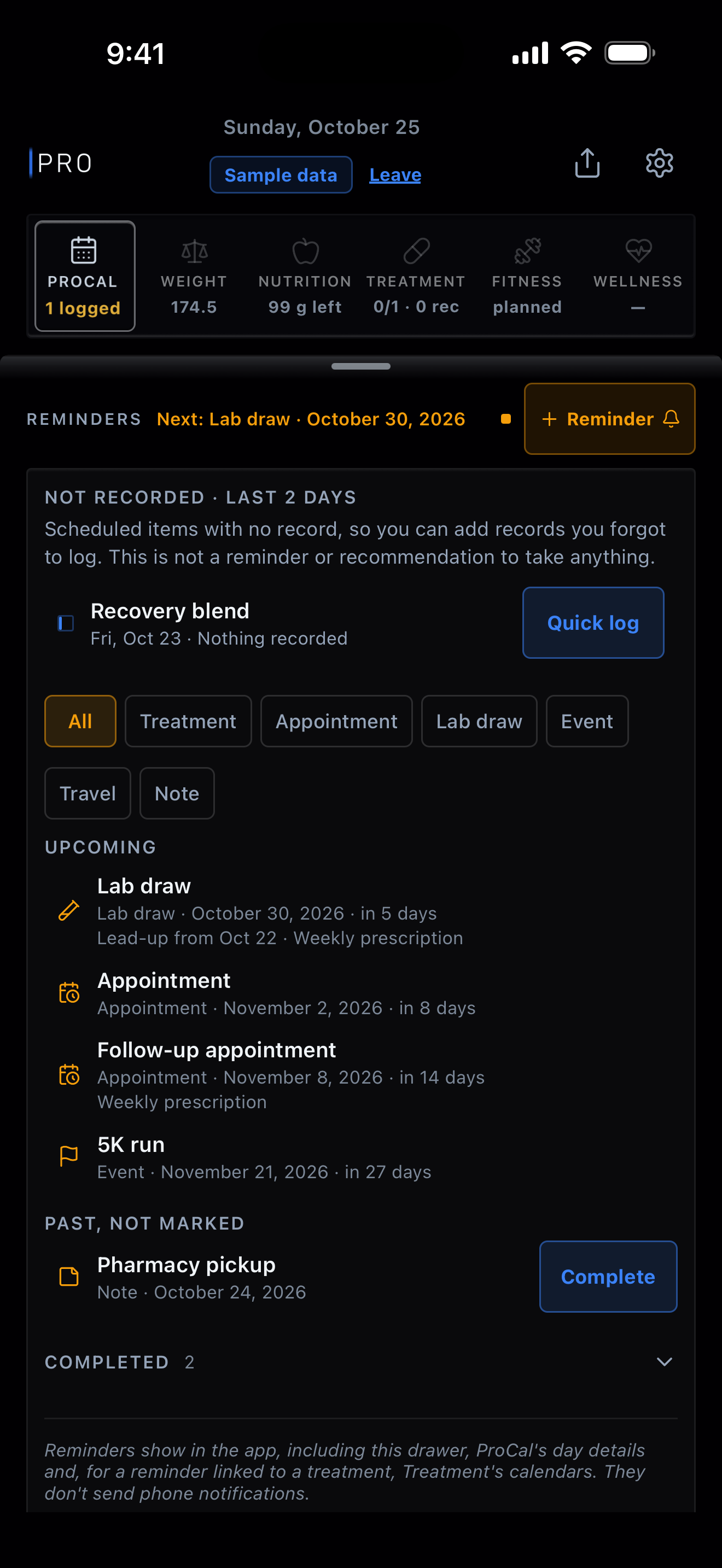 ProCal's Reminders drawer, with + Reminder at its top: a scheduled treatment with no record and Quick log, then the reminders to come, a lab draw on October 30 linked to Weekly prescription with its lead-up, an appointment, a follow-up appointment linked to Weekly prescription and a 5K run, then a past note and two completed reminders. Sample data.