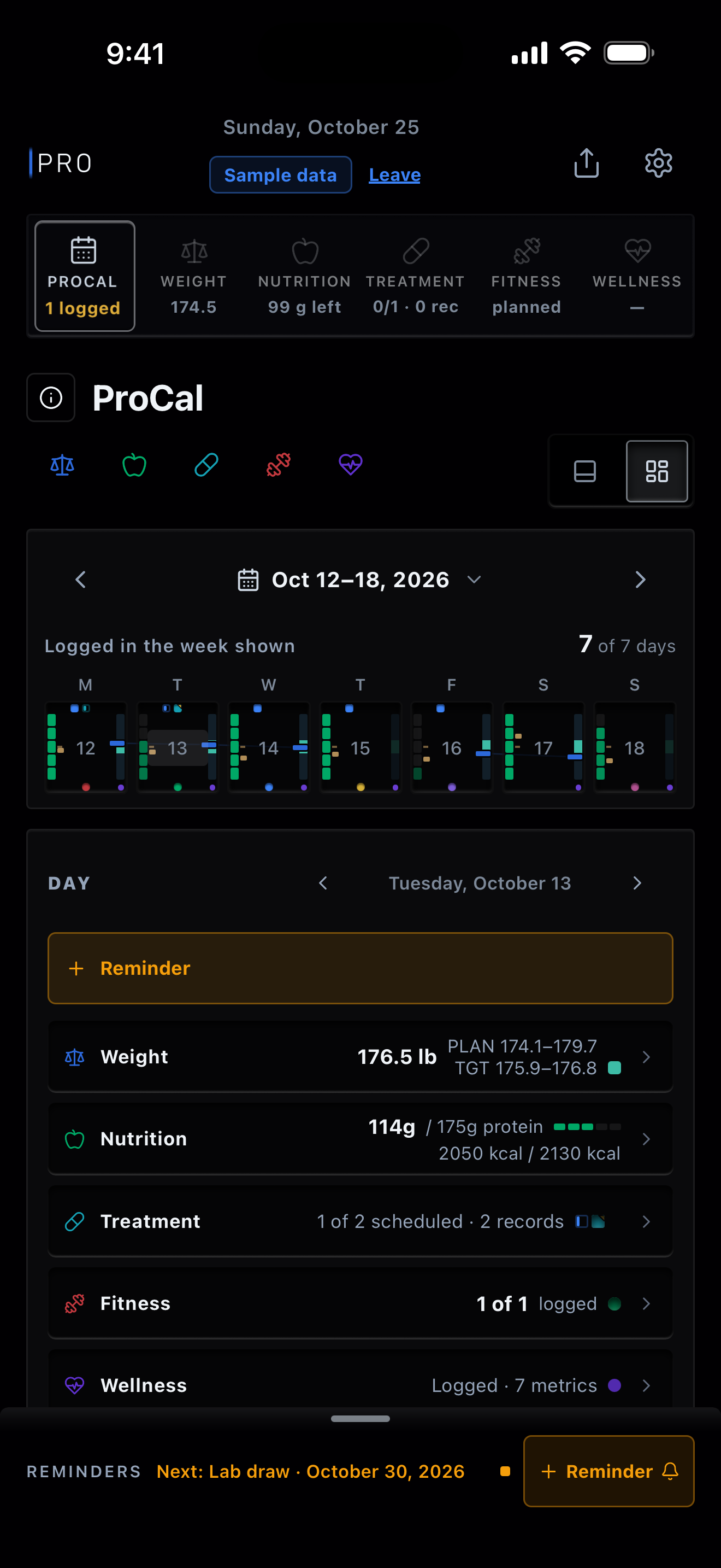 One day in ProCal: a row each for Weight, Nutrition, Treatment, Fitness and Wellness. Sample data.
