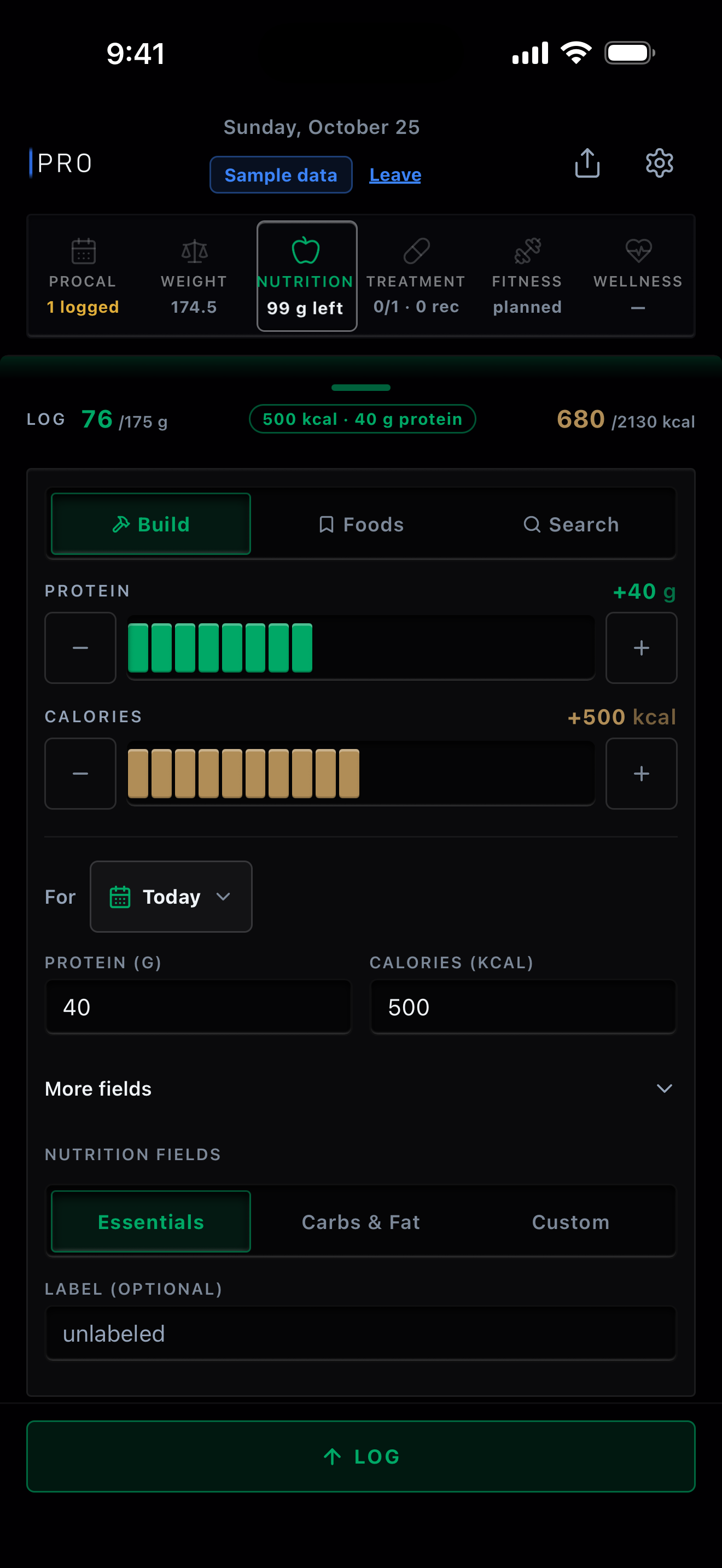 The food drawer's Build tab, with 40 g of protein and 500 calories staged on two tracks and typed in the two fields under them. Sample data.
