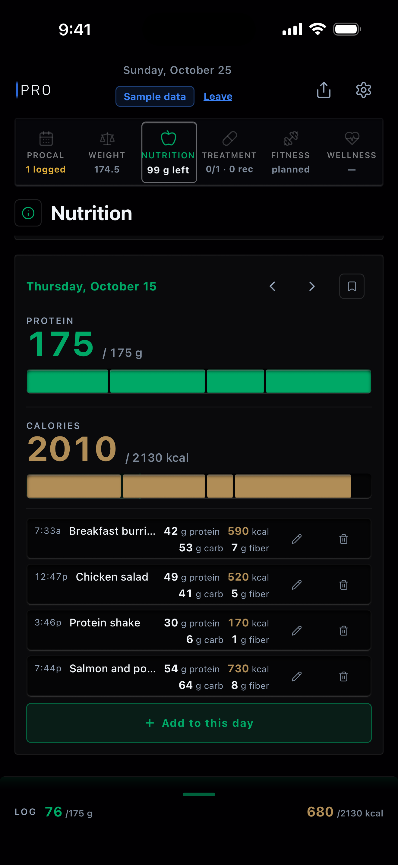 One day's food page, Thursday, October 15: protein and calorie bars toward the day's targets, above the four foods logged. Sample data.