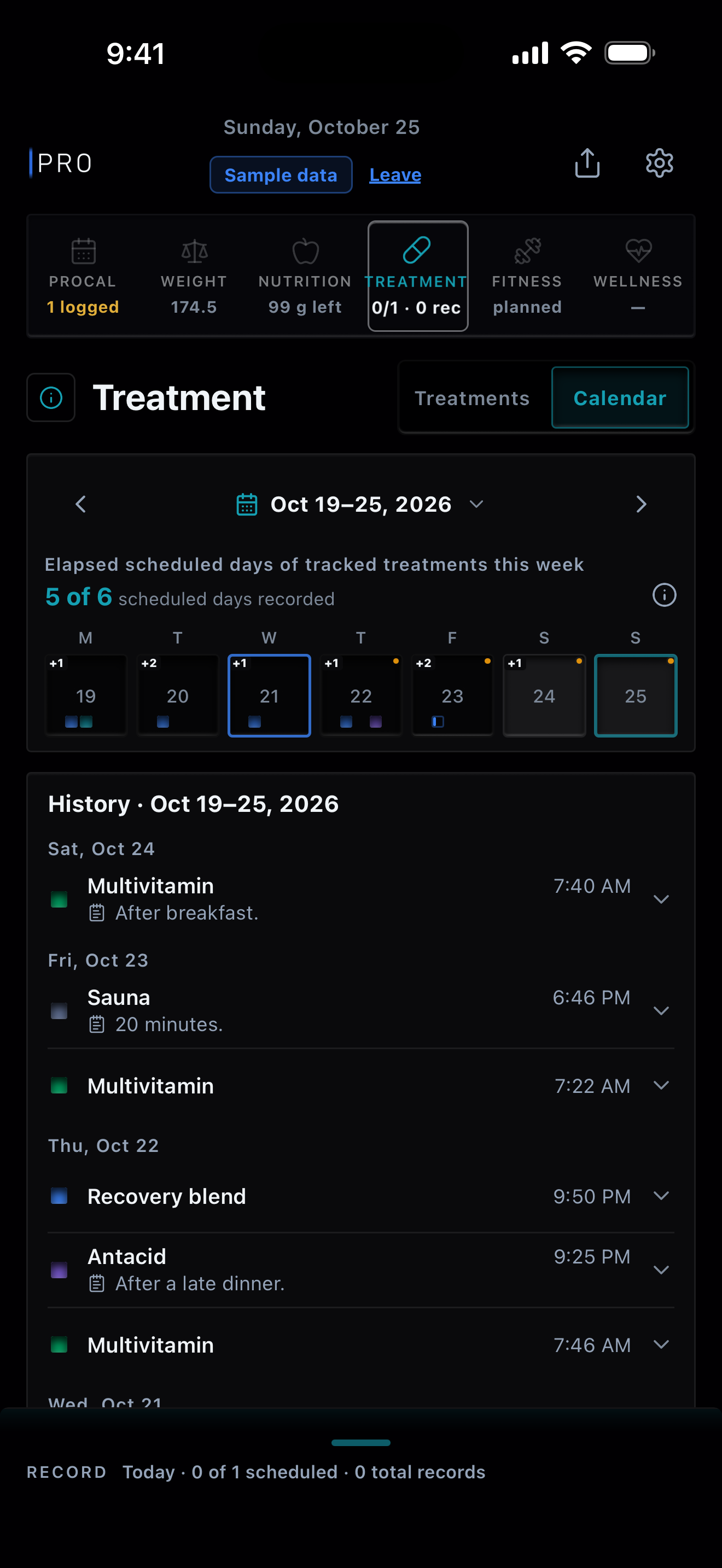 Treatment's week of October 19, each tracked treatment a small square on the days it is scheduled or recorded, above History with the week's records, newest first, and three of their notes. Sample data.