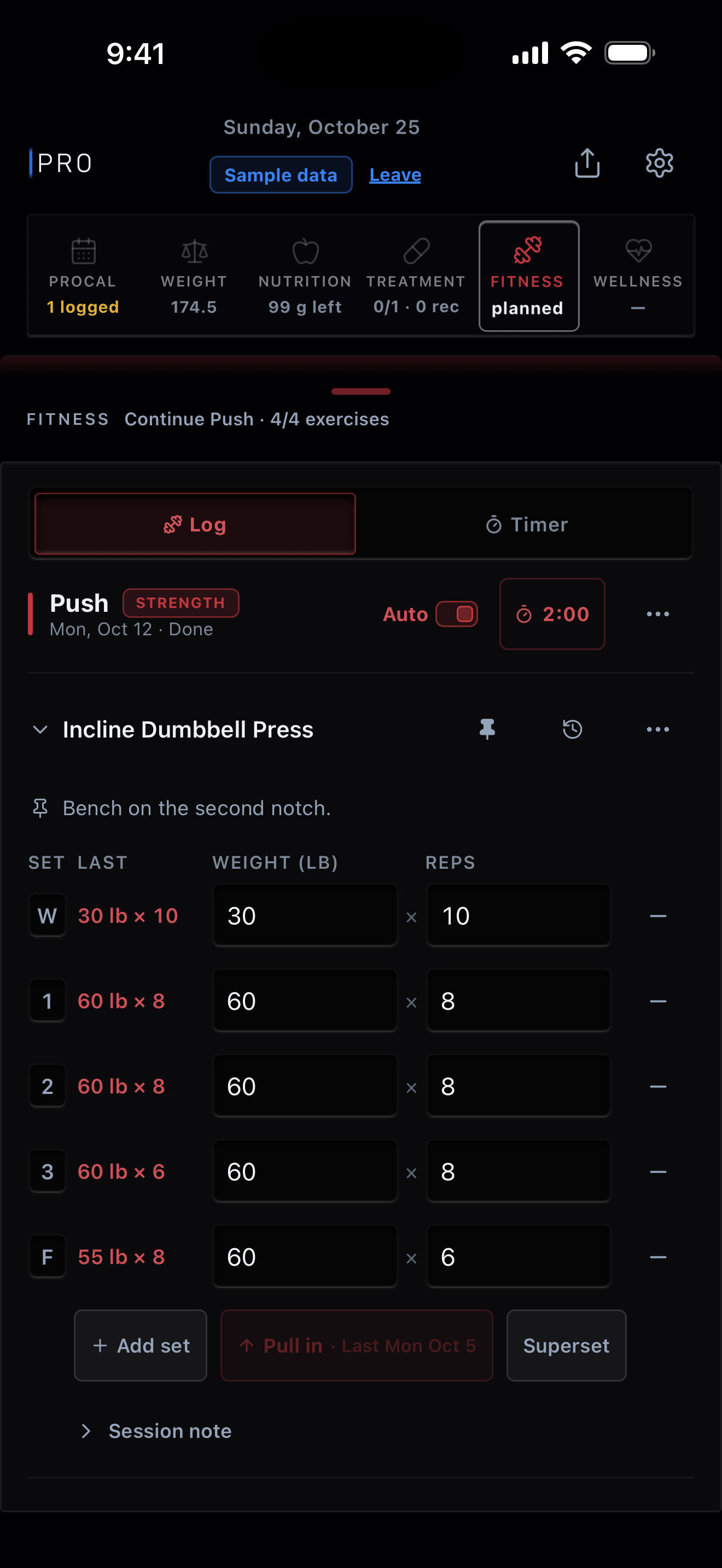 The lift log for an incline dumbbell press: a warm-up set, three sets and a failure set, each beside last session's, under a pinned setup note, with the rest timer in the session's heading above. Sample data.