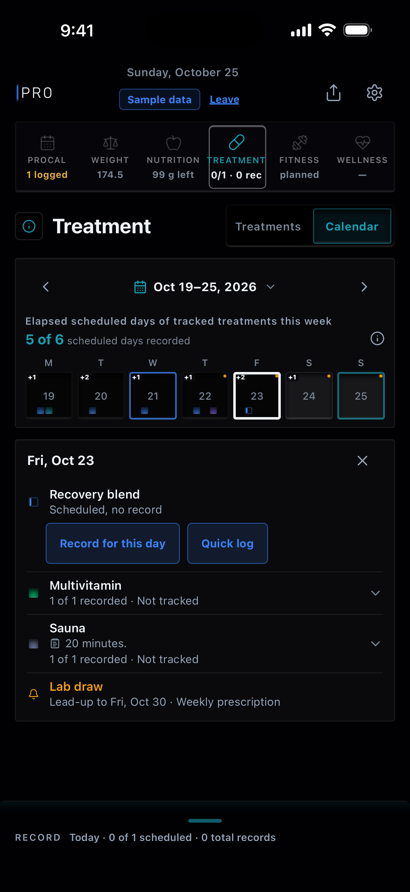 Treatment's week of October 19 with Friday, October 23 tapped. Its details list Recovery blend, scheduled with no record, with the buttons Record for this day and Quick log; Multivitamin and Sauna, each 1 of 1 recorded, Sauna with a note; and a lab draw reminder's lead-up line. Sample data.