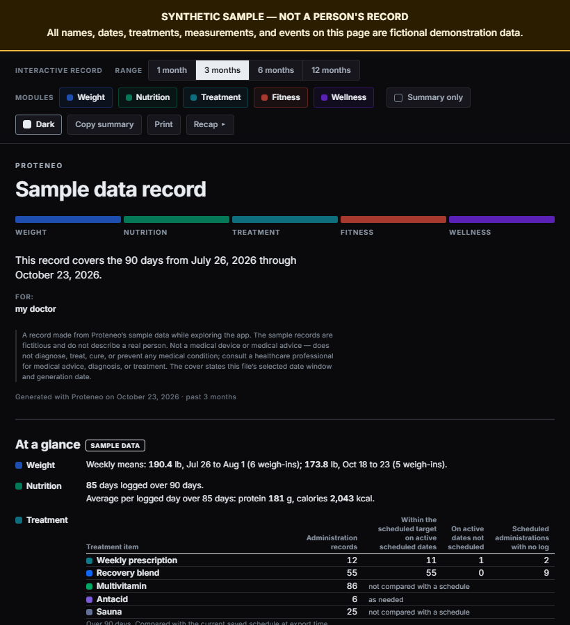 The sample record opening on its cover and At a glance, under a banner saying it is a synthetic sample.
